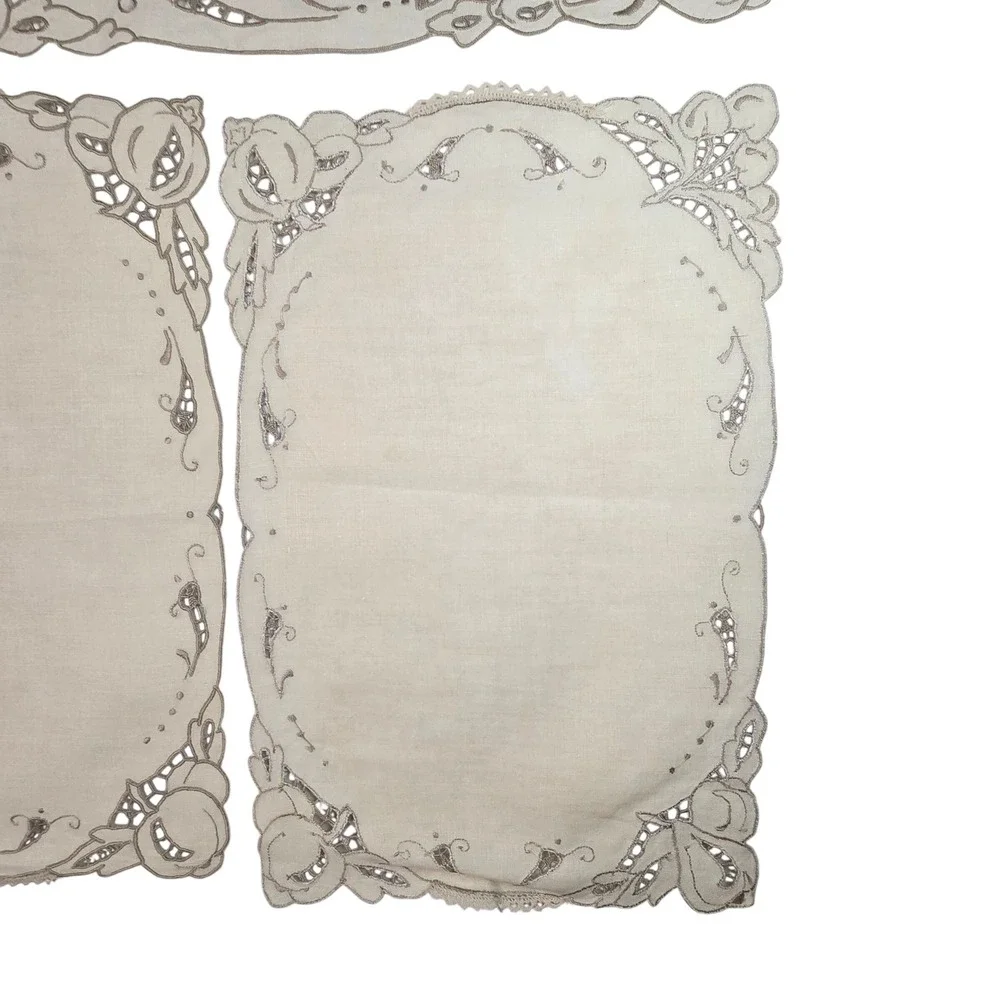 Vintage Linen Table Runner Placemat Set Cream Cutwork Lace Floral‎ Fruit 4pc